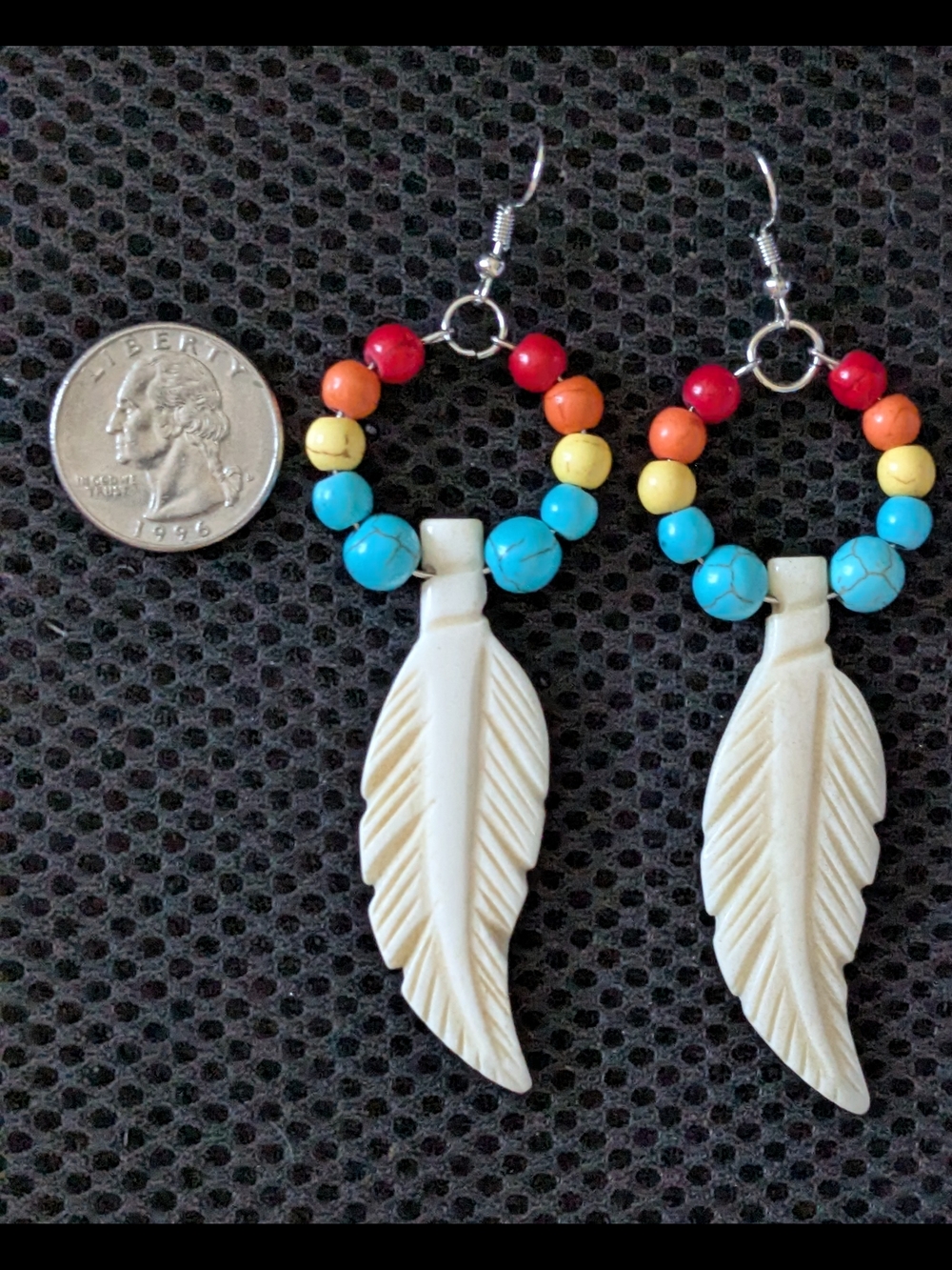 Native American Large Bone Carved Feather With Multicolor Beads Earrings - Picture 3 of 6